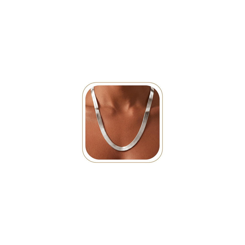 Chunky Silver Long Herringbone Necklace for Women – Stainless Steel Dainty Snake Chain Choker, Trendy Simple Long Layered Jewelry Non Tarnish, 8mm, 18 Inch & 2 Inch Extension Chain, Gift for Her