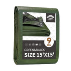 RAINDEWAY 15x15 Feet Tarp Waterproof,Durable,9Mil Thick Finished Size,Multipurpose Poly Tarp Cover with Metal Grommets and Reinforced Edges,Green/Black Tarps