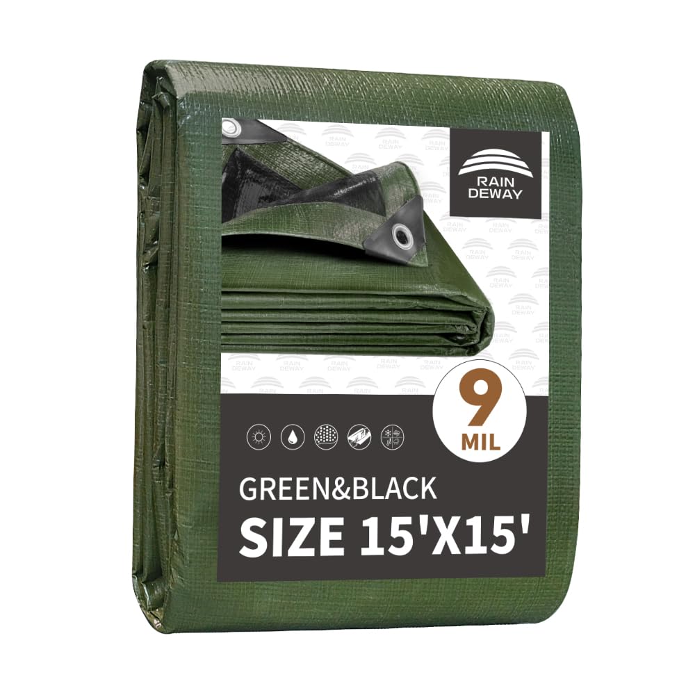 RAINDEWAY 15x15 Feet Tarp Waterproof,Durable,9Mil Thick Finished Size,Multipurpose Poly Tarp Cover with Metal Grommets and Reinforced Edges,Green/Black Tarps