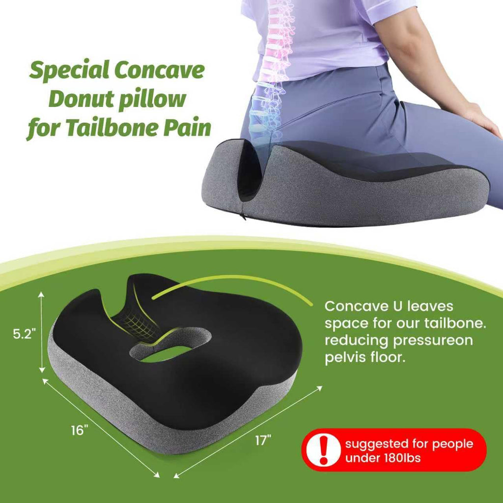 anzhixiu Concave U Surface Donut Pillow for Tailbone Pain Cradle Tailbone Reducing Pressure on Pelvis- Hemorrhoid Pillow for Office, Car, Home Seat- Black/Gray