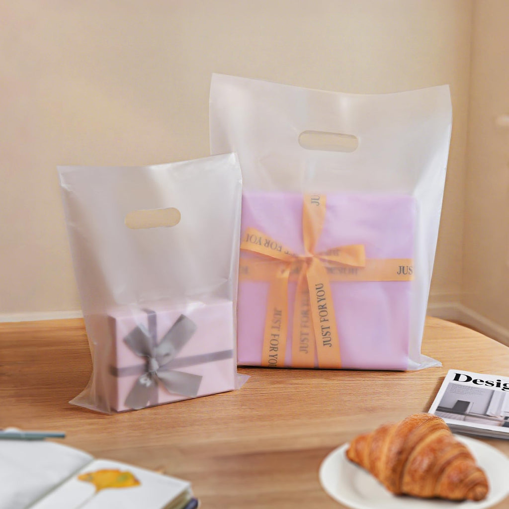 COSGOOLK 100 Pcs Plastic Bags With Handles 12"x15", Clear Gift Bags Shopping Merchandise bags for Small Business Retail Stores