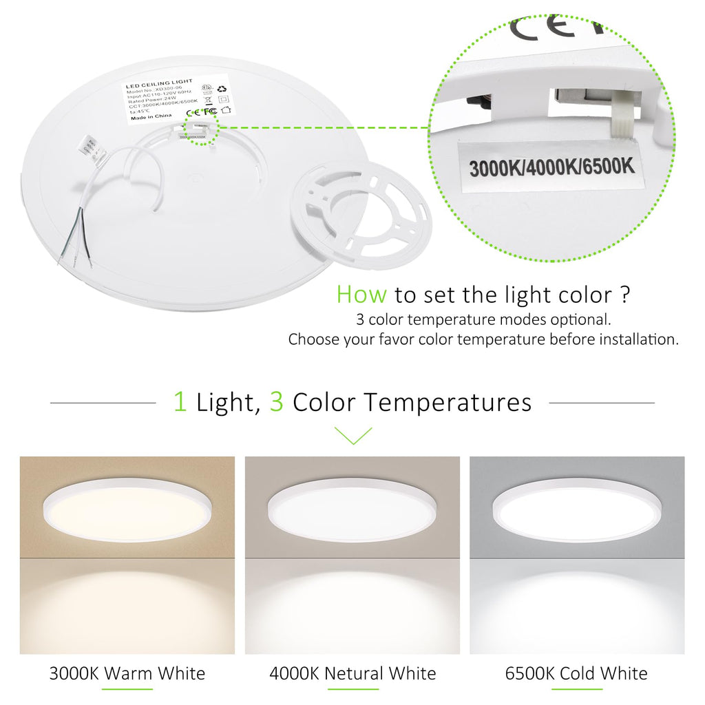 LUMLLSAJI 6 Pack LED Flush Mount Ceiling Light, 24W Ultra Thin Round White 3000k/4000k/6500k 3 Color Temperatures Adjusted 12 Inch Modern Ceiling Lights for Bedroom Bathroom Kitchen
