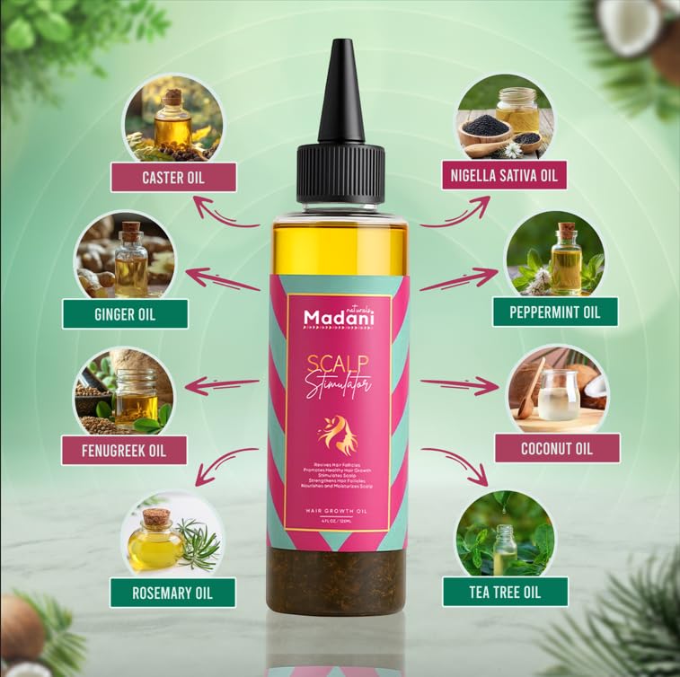 Madani Scalp Stimulator Hair Growth Oil, 4 fl oz, Nourishing Follicle Treatment, Hair Repair Regrowth with Rosemary & Mint
