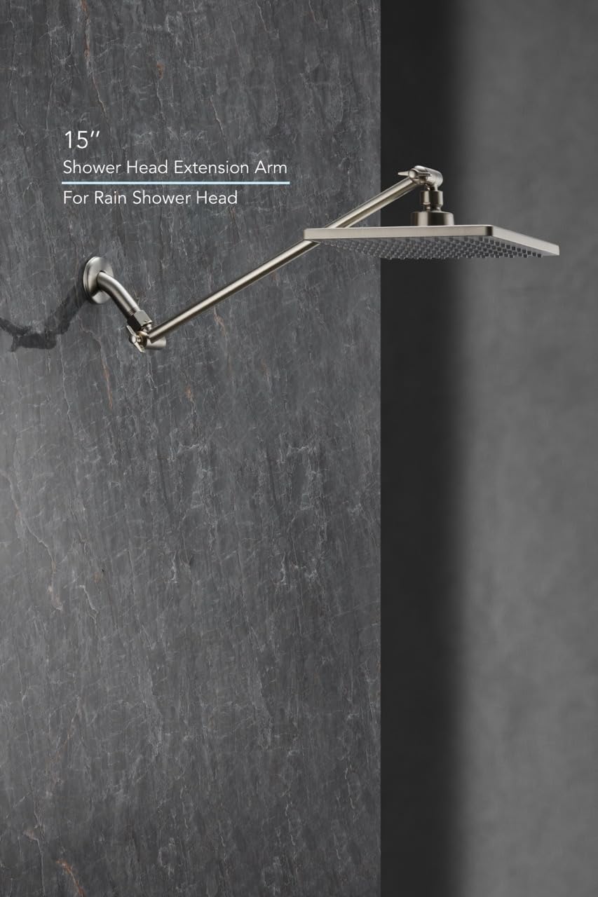 15 Inch Extra Long Adjustable Shower Head Extension Arm With Locking Set Screw, Singing Rain 304 Stainless Steel Angle Height Adjustable, G1/2 Universal Connector Compatible (Nickel Brushed)
