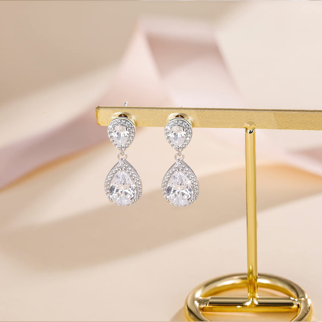 EAMTI Silver Dangle Earrings for Women Cubic Zirconia Teardrop Bridal Wedding Earrings 925 Sterling Silver Post Rhinestone Earring