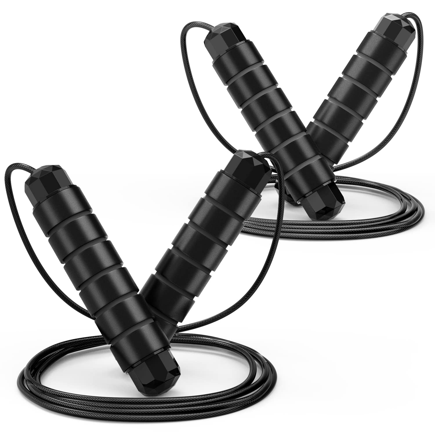 Loocio Jump Rope, Tangle-Free Rapid Speed Jumping Rope Cable with Ball Bearings for Women, Men and Kids, Adjustable Foam Handles Steel Ropes Fitness,2 Pack���, Black