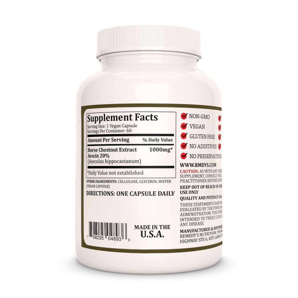 Remedy's nutrition Horse Chestnut Extract Aescin 20% - 1,000mg, 60 Vegan Capsules Herbal Dietary Supplement - 2 Month Supply