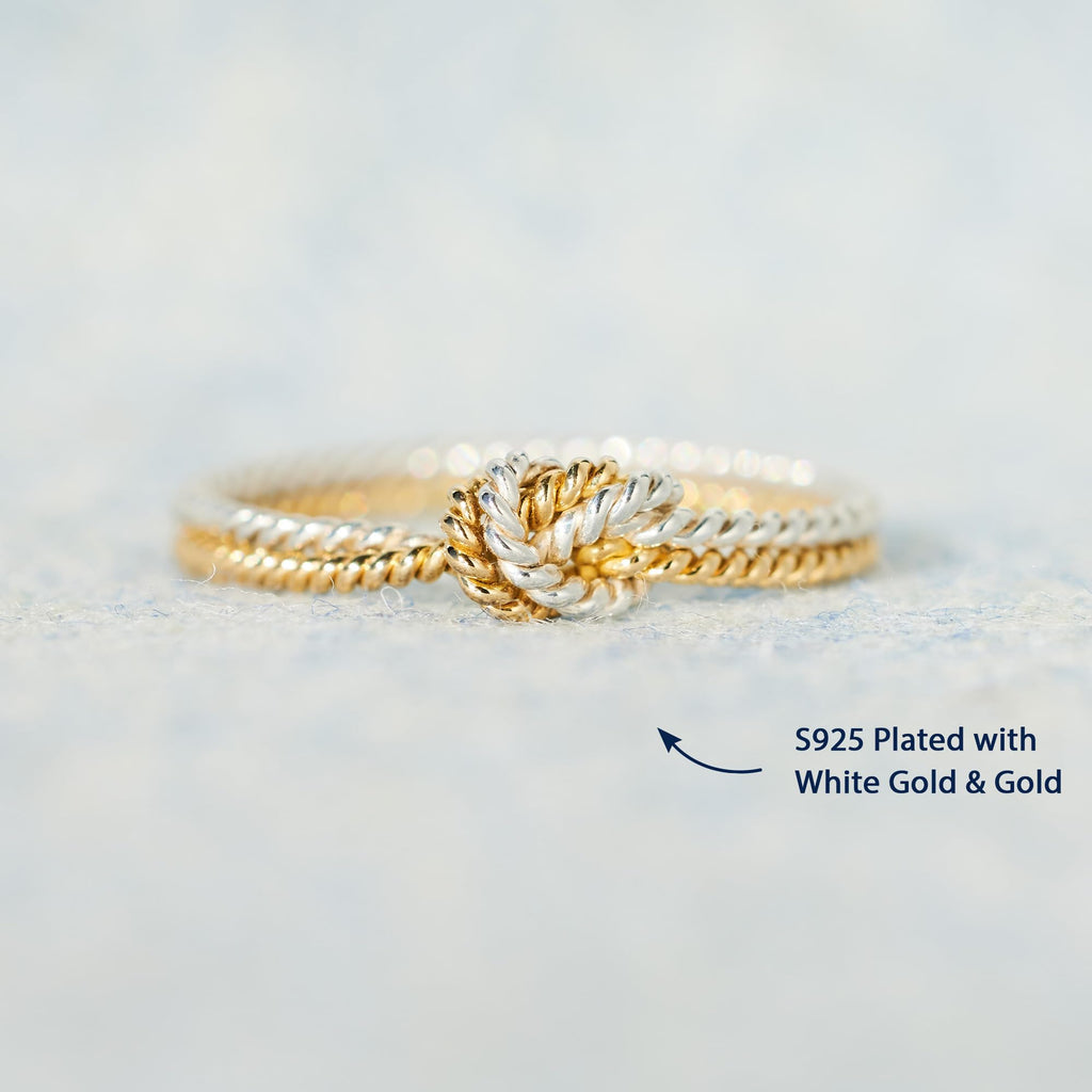 STORYJEWELLERY 925 Sterling Silver Rings for Women, Two Tone Knot Rings for Women, Dainty Gold and Silver Mixed Metal Ring, Mixed Metal Jewelry, Unique Gifts for Mom Daughter Sister or Friend, Size 7