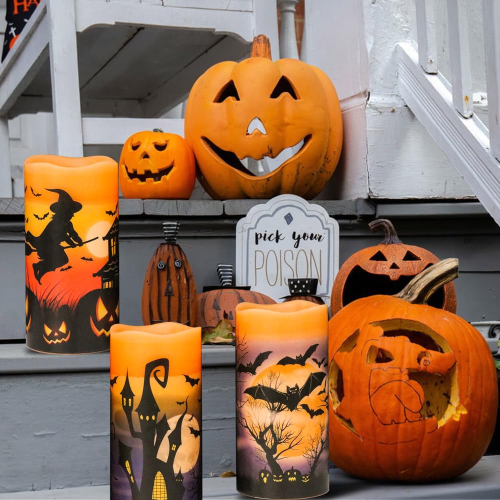DRomance Halloween LED Flameless Pillar Candles Battery Operated with Timer