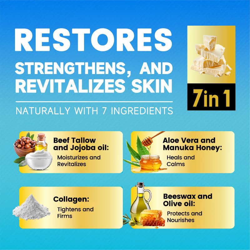 Beef Tallow For Skin, Organic Grass-Fed Beef Tallow Balm with Aloe Vera, Jojoba Oil, Manuka Honey, Olive Oil, Beeswax & Collagen, Natural Moisturizer Face, Body, Lips, Hydrates Dry, Cracked Skin, 5oz