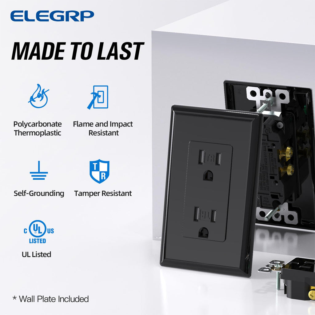 ELEGRP Decorator Wall Receptacle Outlet, Tamper Resistant 15A 125V Standard Electrical Wall Outlet, Residential Grade, Self-grounding, with Screwless Wall Plate, UL (50 Pack, Glossy Black)