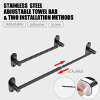 MIROAMZ Towel Bar, Adjustable 14.4inch - 25.2inch Towel Rack, Self Adhesive Wall Mounted for Bathroom Kitchen Hand Towel Holder Cloths Hanger 304 Stainless Steel Organizer Single Bar (1, Matte Black)