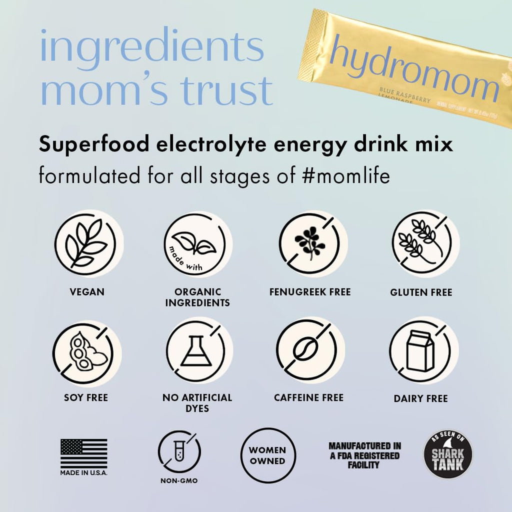 Boobie Hydromom Superfood Electrolyte Drink Mix, Blue Raspberry Lemonade | Refreshing Energy & Hydration Boost for Mamas | On-The-Go & Travel Essentials for Pregnancy, Lactation, & Beyond, 15 Packets