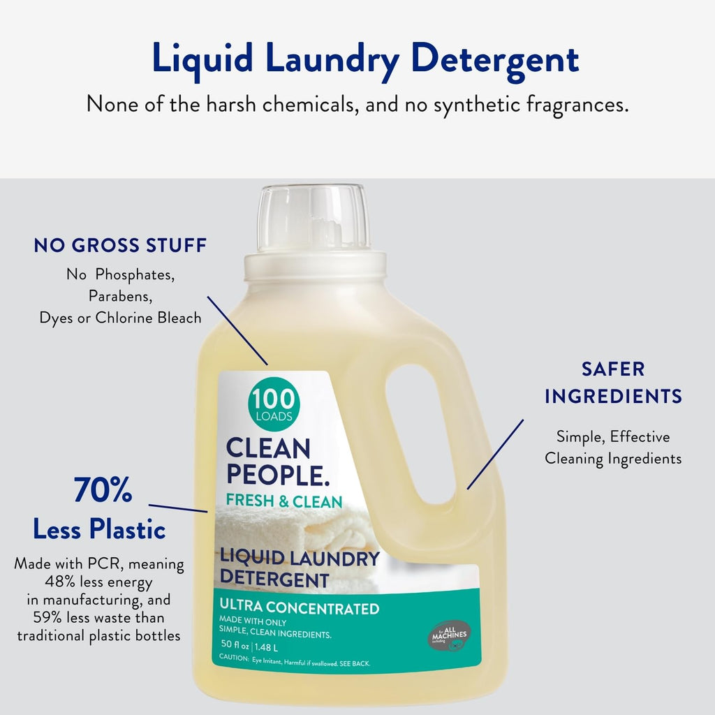 The Clean People Liquid Laundry Detergent - Recyclable Packaging, Stain Fighting - Ultra Concentrated, Laundry Soap - Fresh Scent, 50 fl oz
