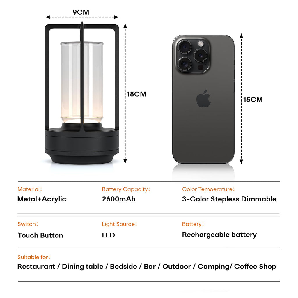 HAPYGI Portable Metal Table Lamp for Indoor/Outdoor,Rechargeable Cordless LED Lamp, 3-Colour Infinitely Dimming Battery Powered Small Desk Lamp, Restaurant/Bedroom/Bar/Coffee/Camping Light (Black)