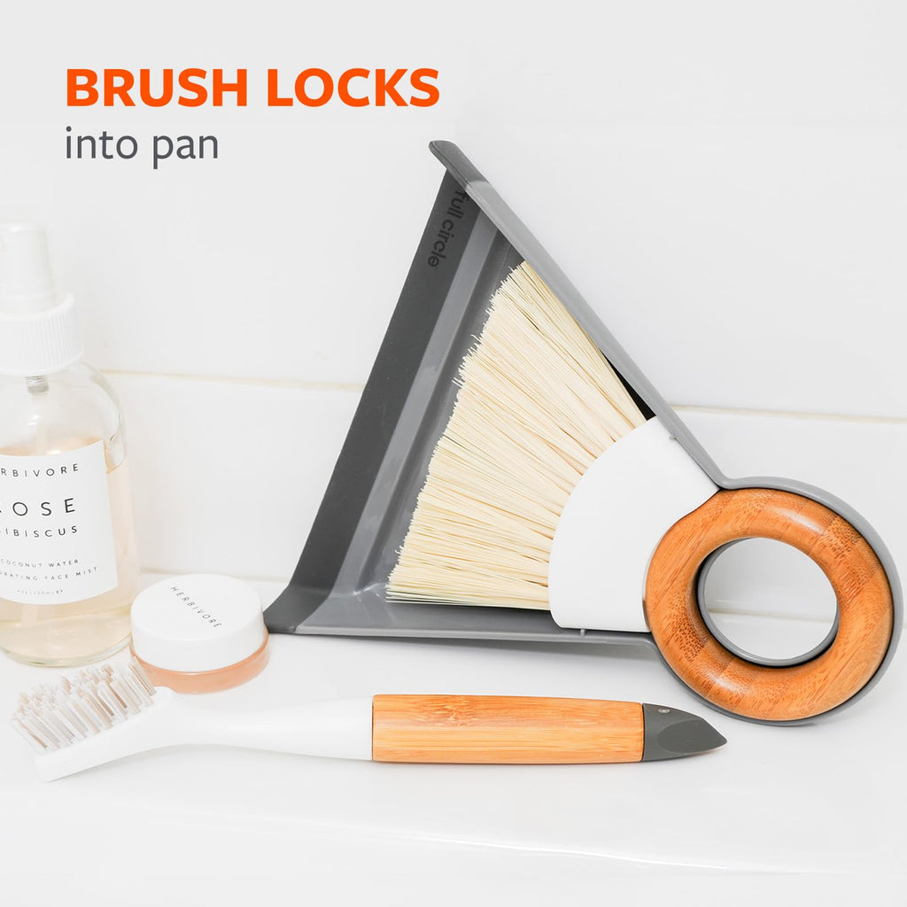 Full Circle Tiny Team Mini Compact Brush & Dustpan Set, Portable Handheld Broom for Quick Cleanups, Ideal for Home, Bathroom, Kitchen Countertops. Bamboo Hand Broom & Small Crumb Sweeper, White