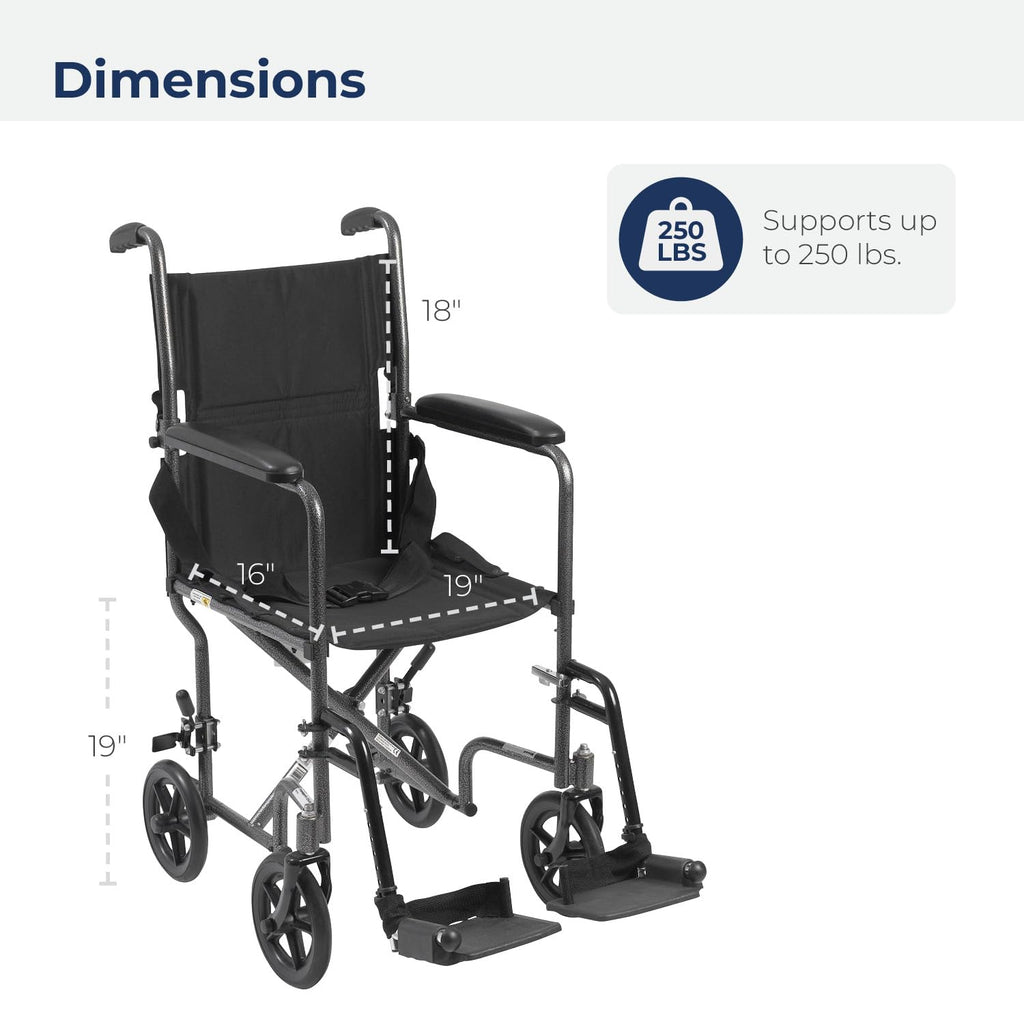 Drive Medical TR39E-SV Lightweight Folding Transport Wheelchair with Swing-Away Footrest, Silver
