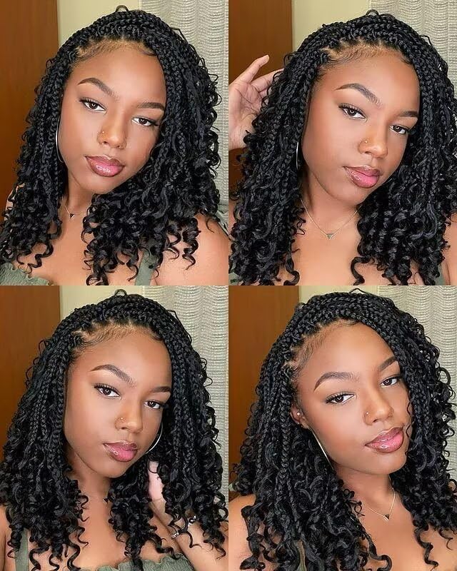 Goddess Box Braids Crochet Hair 14inch Boho 3X Crochet Braids with Curly Ends 8 Packs Protective Hairstyle Synthetic Braiding Hair Extensions for Black Women (14 Inch, 1B)