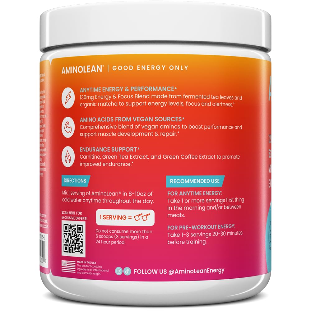 AminoLean Pre Workout Powder, Amino Energy with Vegan BCAA Amino Acids & Natural Caffeine, Preworkout Boost for Men & Women, Paradise Punch