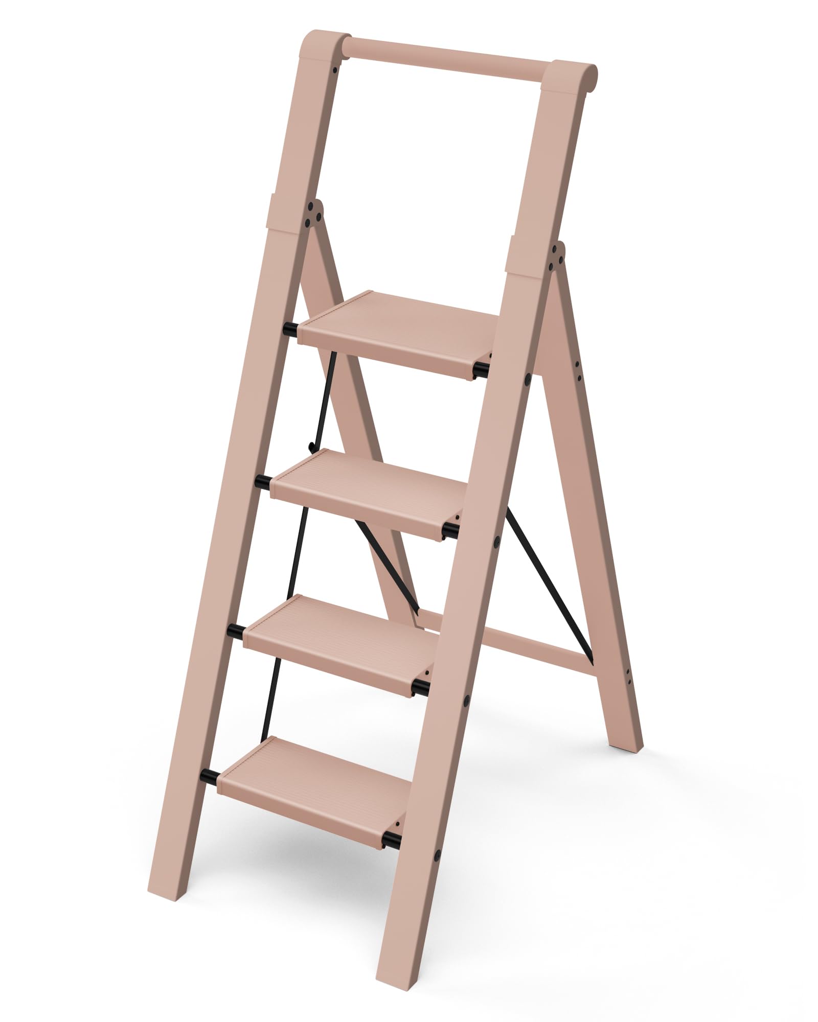 Taranta 4 Step Ladder, Lightweight Aluminum Step Stool with Convenient Handgrip, Folding Ladder with Anti-Slip Pedals, 330lbs Capacity Stepladder for Home, Office, Kitchen - Peach Pink