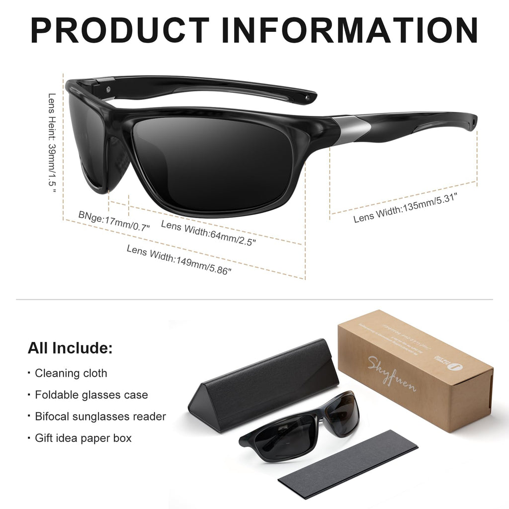 SKYFUEN Bifocal Polarized Sunglasses Men, Anti glare/UV TR90 Wrap Sports Sun Readers Reading Glasses Fishing Driving Outdoor Far/Near Tinted Bi-Focal Build-in Vintage Eyeglasses, 2.0