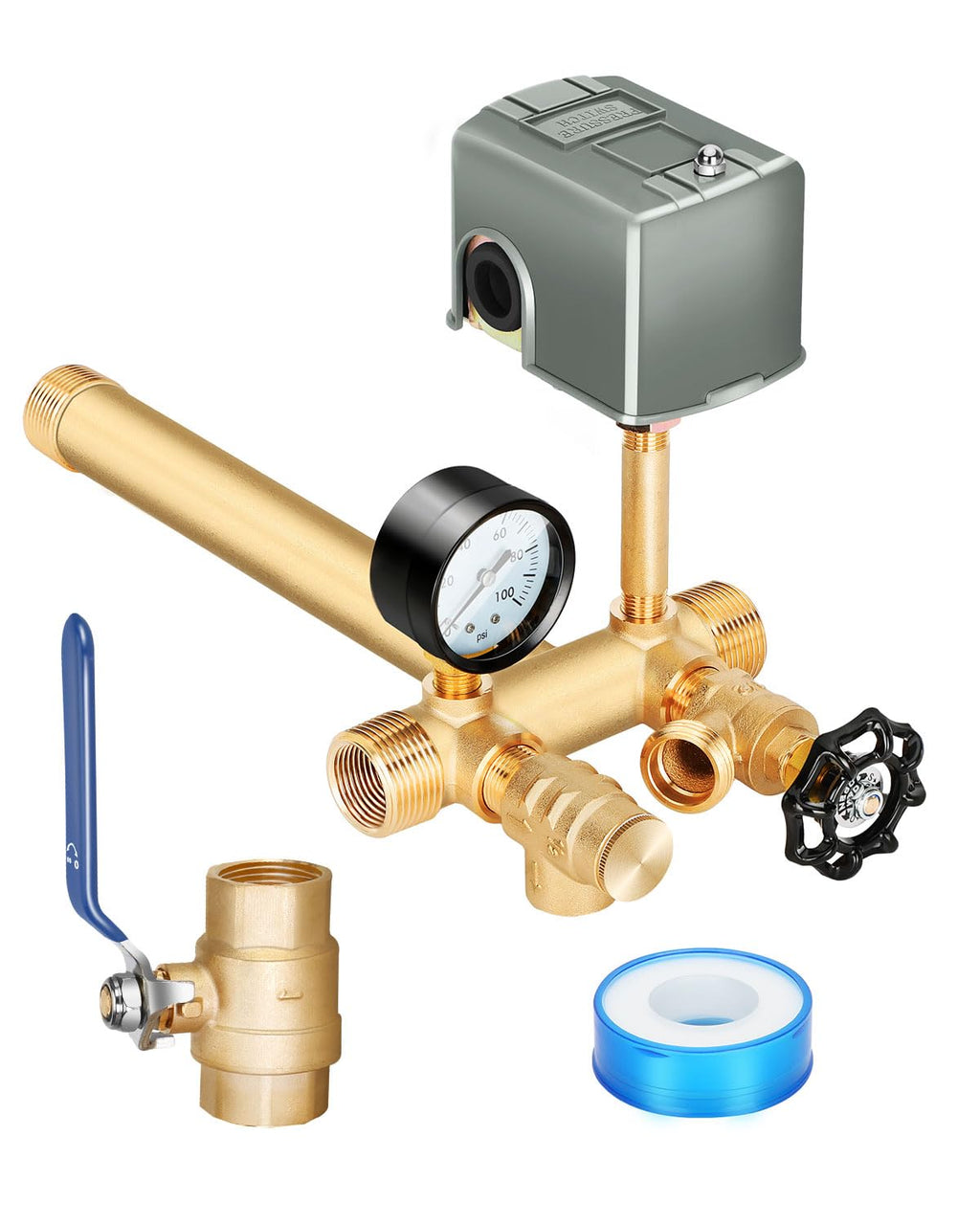 Miumoon 1"x 11"Well Pressure Tank Tee Kit with 40-60Psi Pressure Switch, Ball Valve, 100 Psi Pressure Gauge, Relief Valve, Drain Valve, Well Tank Tee Kit for Pressure Tank with Diameters Up to 16"