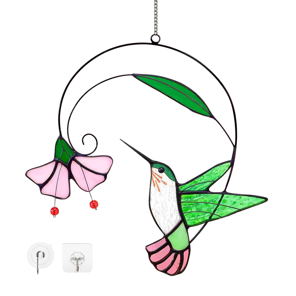 Hummingbird Stained Glass Window Hanging Suncatcher with Flower Branch