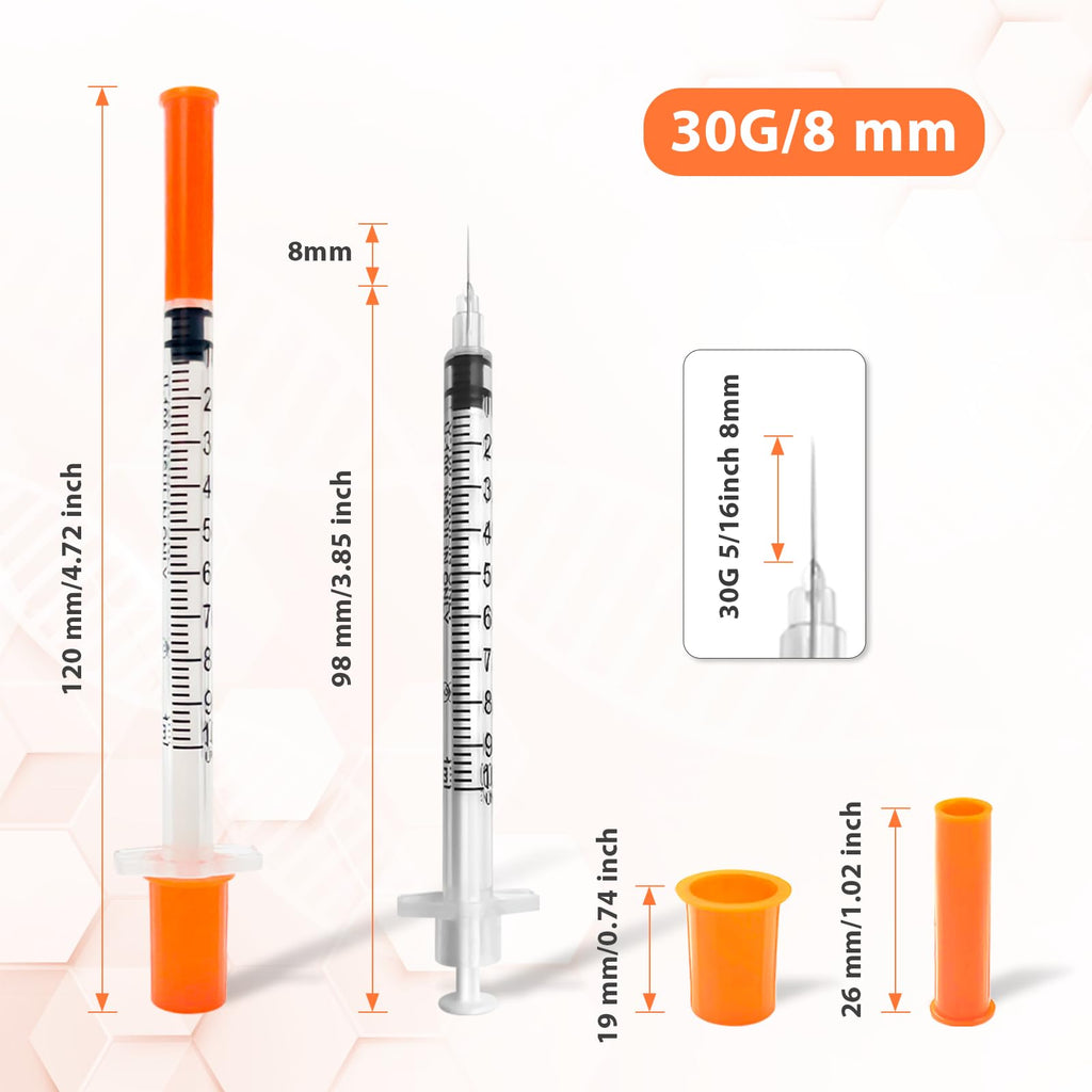 100 Pack Syringes with Needle, U-100 1ml 30G 5/16" 8mm Syringe