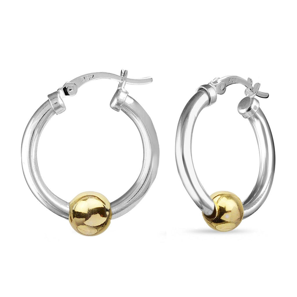 LeCalla 925 Sterling Silver Cape Style Hoop Earrings | 14K Gold-Plated Two-Tone Ball High Polish Beaded Click-Top Hoop Earrings for Women - 25mm