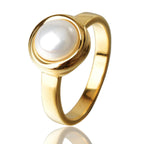 HOSICRON Pearl Ring for Women, 18K Gold Plated Rings for Bride Wedding Engagement Band Birthday Jewelry for Women Fits Sizes 5 to 11 (Gold pearl, 8)