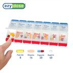 EZY DOSE Push Button (7-Day) Pill Case, Medicine Planner, Daily Vitamin Organizer, 2 Times a Day AM/PM, Large Compartments, Arthritis Friendly, Easy to Use, Clear Lids, Red/Blue, BPA Free