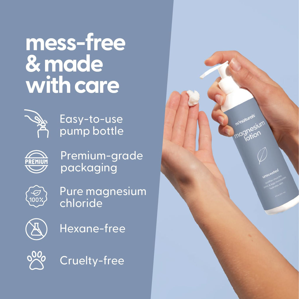 Unscented Magnesium Lotion for Sleep & Leg Cramps, Suitable for Sensitive Skin, Helps with Muscle Relaxation, Soothes Tired Legs & Foot Aches and Supports Restful Nights, 8 fl oz by M3
