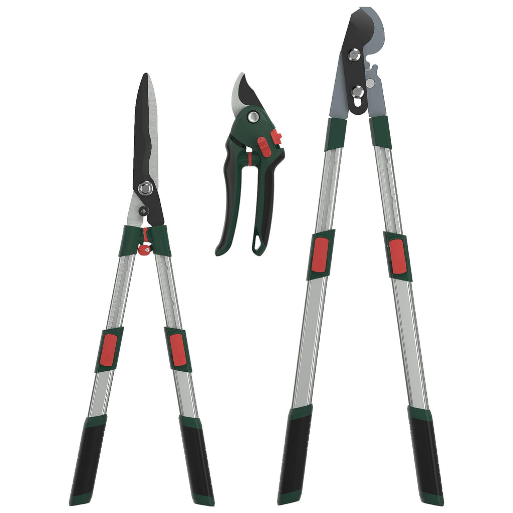 GARTOL 3-Piece Garden Tool Set - Bypass Lopper, Hedge Shears, Pruning Shears with Telescopic Aluminum Handles, Extendable Heavy-Duty Branch Cutters, Garden Clippers for Branches, Shrubs, and Hedges