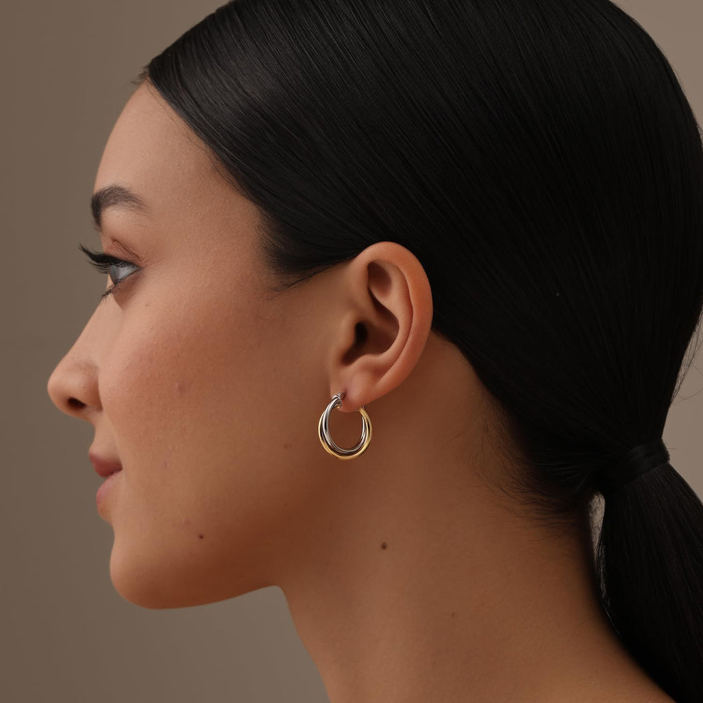 LeCalla 925 Sterling Silver Hoop Earrings for Women | Small 14K Gold-Plated Two-Tone Click-Top Intertwined Chunky Earring Hoops - 20MM