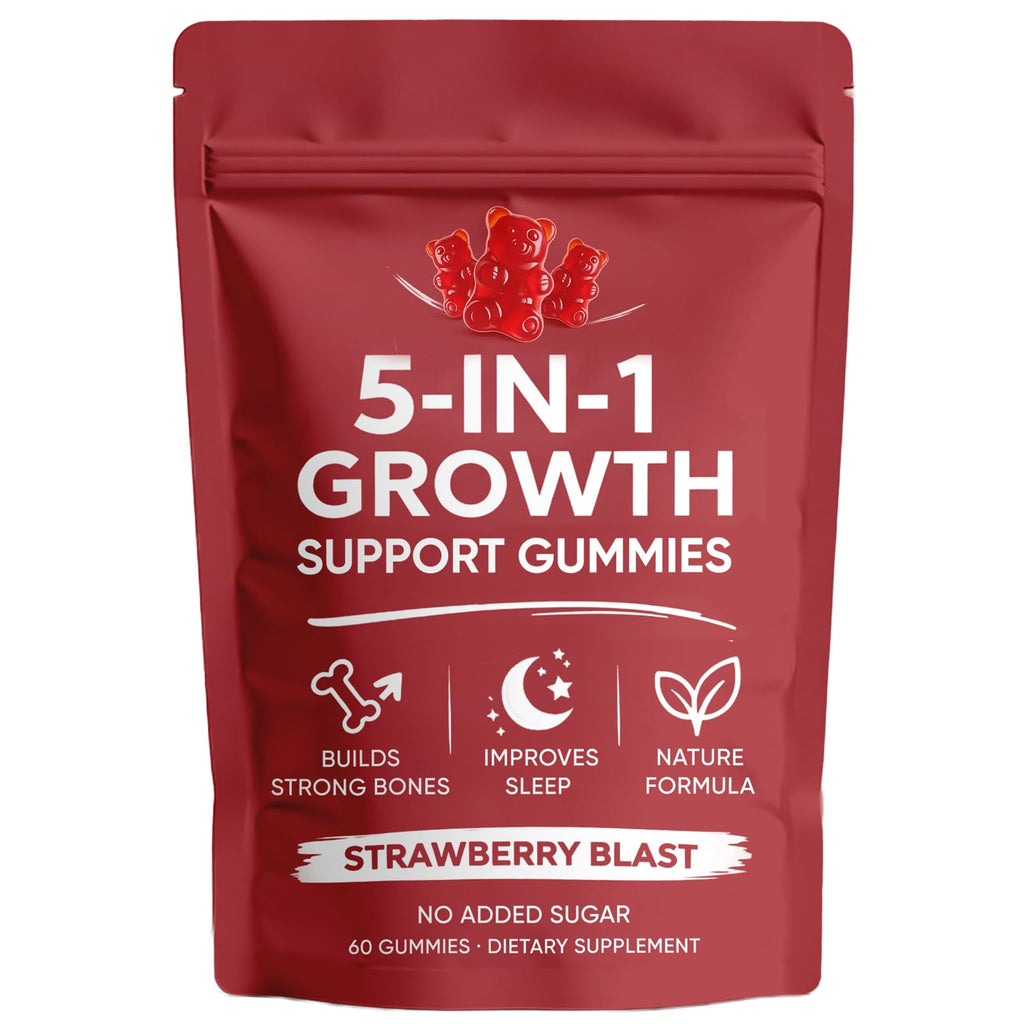 DXWXH 5 in 1 Growth Gummies, Growth Gummies with Vitamin D3 & K2, Calcium, Ashwagandha, Spirulina, for Bone Health & Daily Vitality Support, Strawberry Flavor, Non-GMO, 60 Gummies