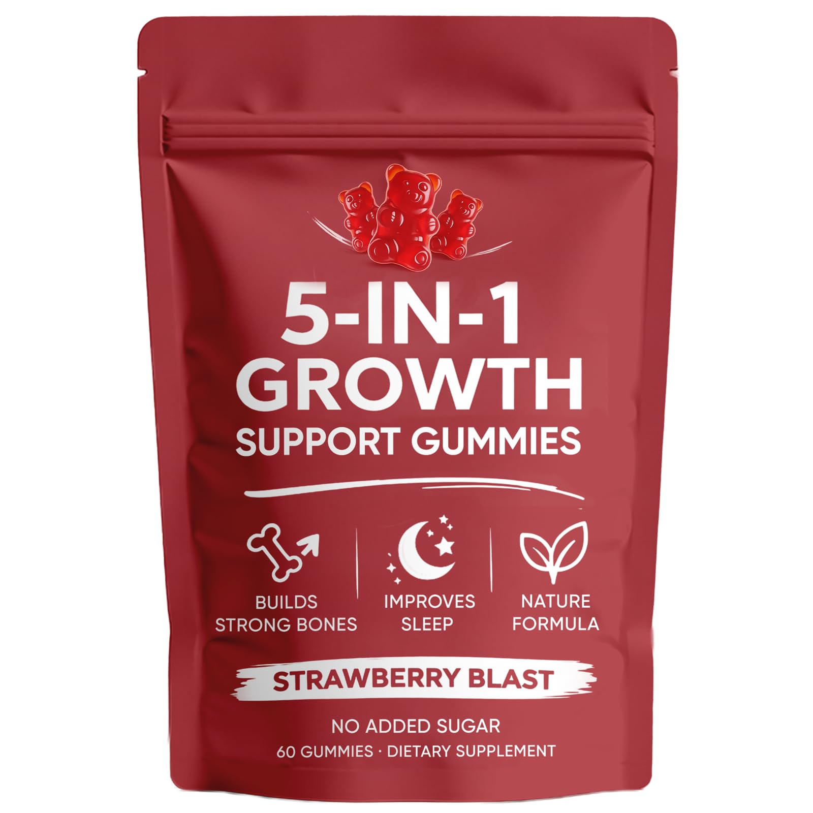 DXWXH 5 in 1 Growth Gummies, Growth Gummies with Vitamin D3 & K2, Calcium, Ashwagandha, Spirulina, for Bone Health & Daily Vitality Support, Strawberry Flavor, Non-GMO, 60 Gummies