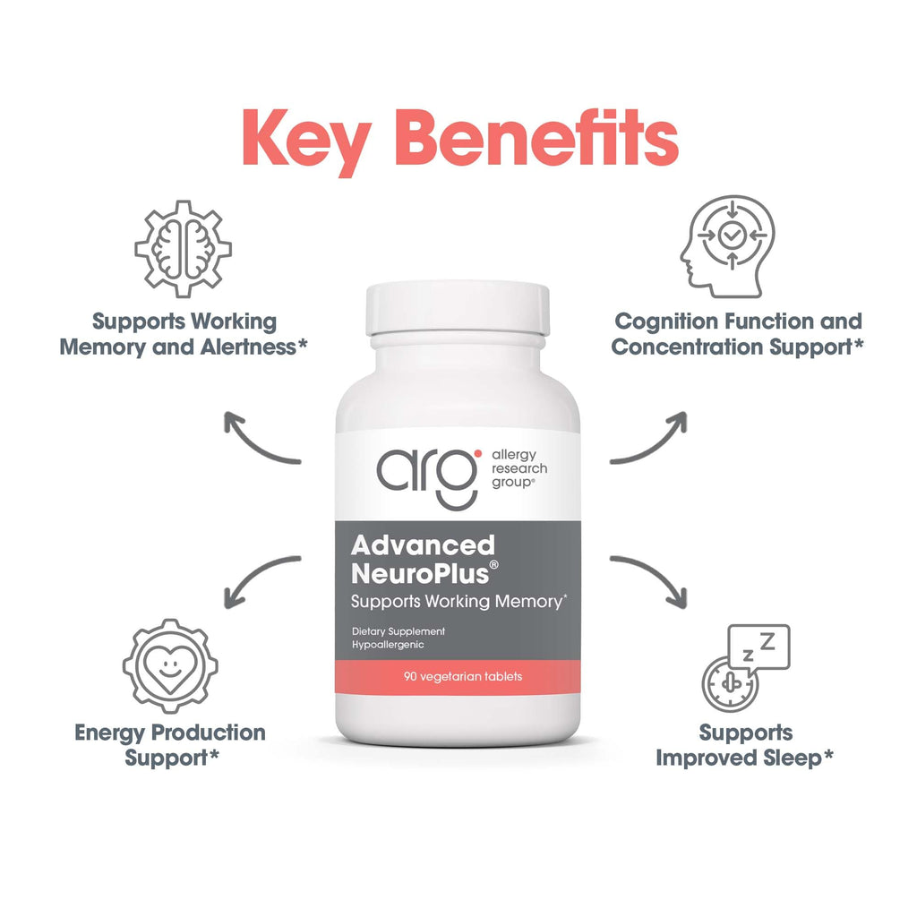 Allergy Research Group Advanced NeuroPlus - Nootropic Formula with Spearmint Extract, Lions Mane & Citicoline - Supports Working Memory Focus & Cognitive Function - 30 Servings - 90 Tablets