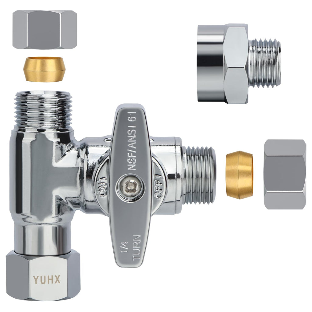 YUHX Brass Angle Stop Add-A-Tee Valve, 3/8 Inch Compression Outlet Easy Connect 3 Way Diverter 3/8"x3/8"x1/4" or3/8"Ice Maker RO System T