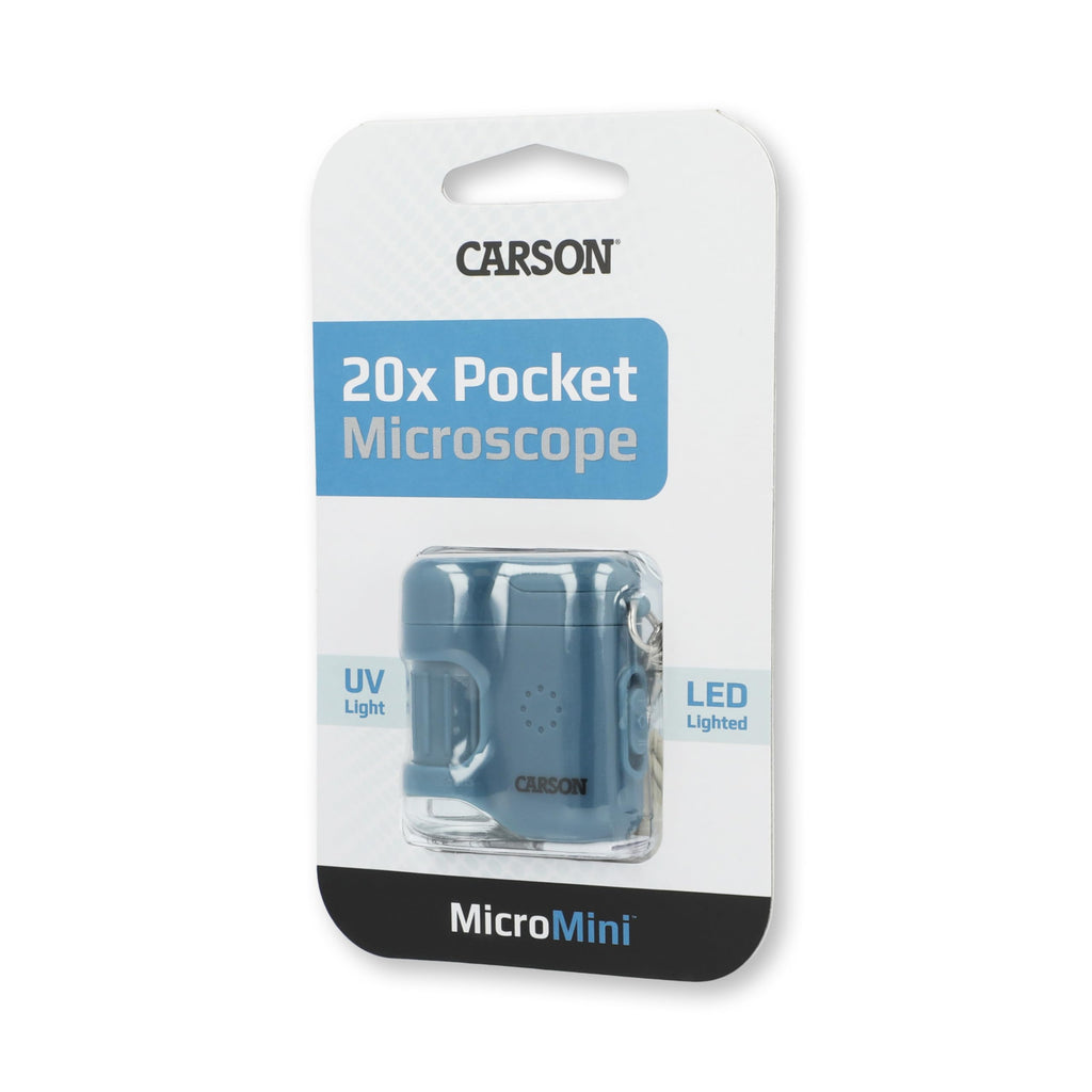Carson MicroMini 20x Pocket Microscope for Adults, UV and LED Flashlight, Blue (MM-280B)