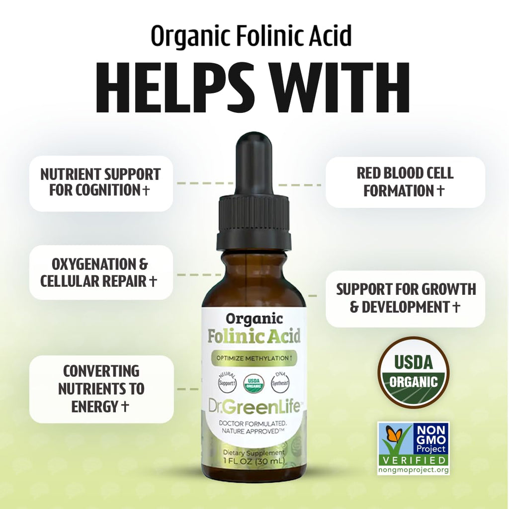 Dr. Green Life USDA Organic Folinic Acid Drops - 500 mcg per Drop | Methylation Support B9 Supplements for Kids & Adults | Supports Neurological Function, Nervous System Health & DNA Synthesis