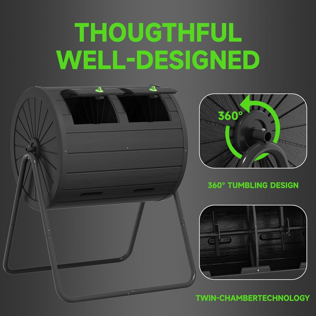 PatioZen Dual Chamber Tumbling Composter 45 Gallon Large Outdoor Tumbling Composter Efficient Batch Composting Easy Turn Design (Black,45 Gal)
