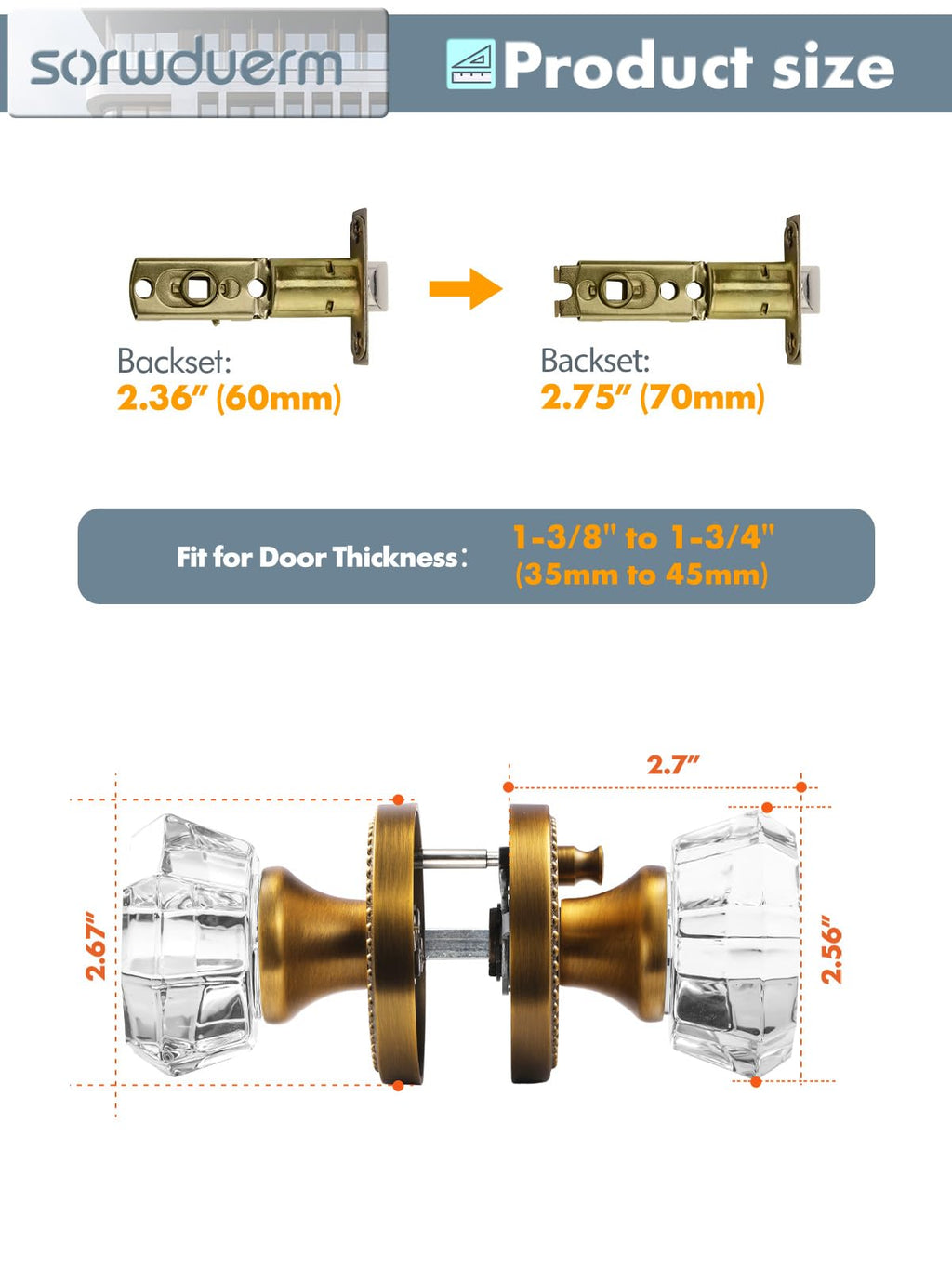 SORWDUERM Antique Brass Door Knobs Crystal Door Knob Interior Privacy Door Knob for Bedroom and Bathroom Glass Door Knob,Zinc Alloy 1 Pack