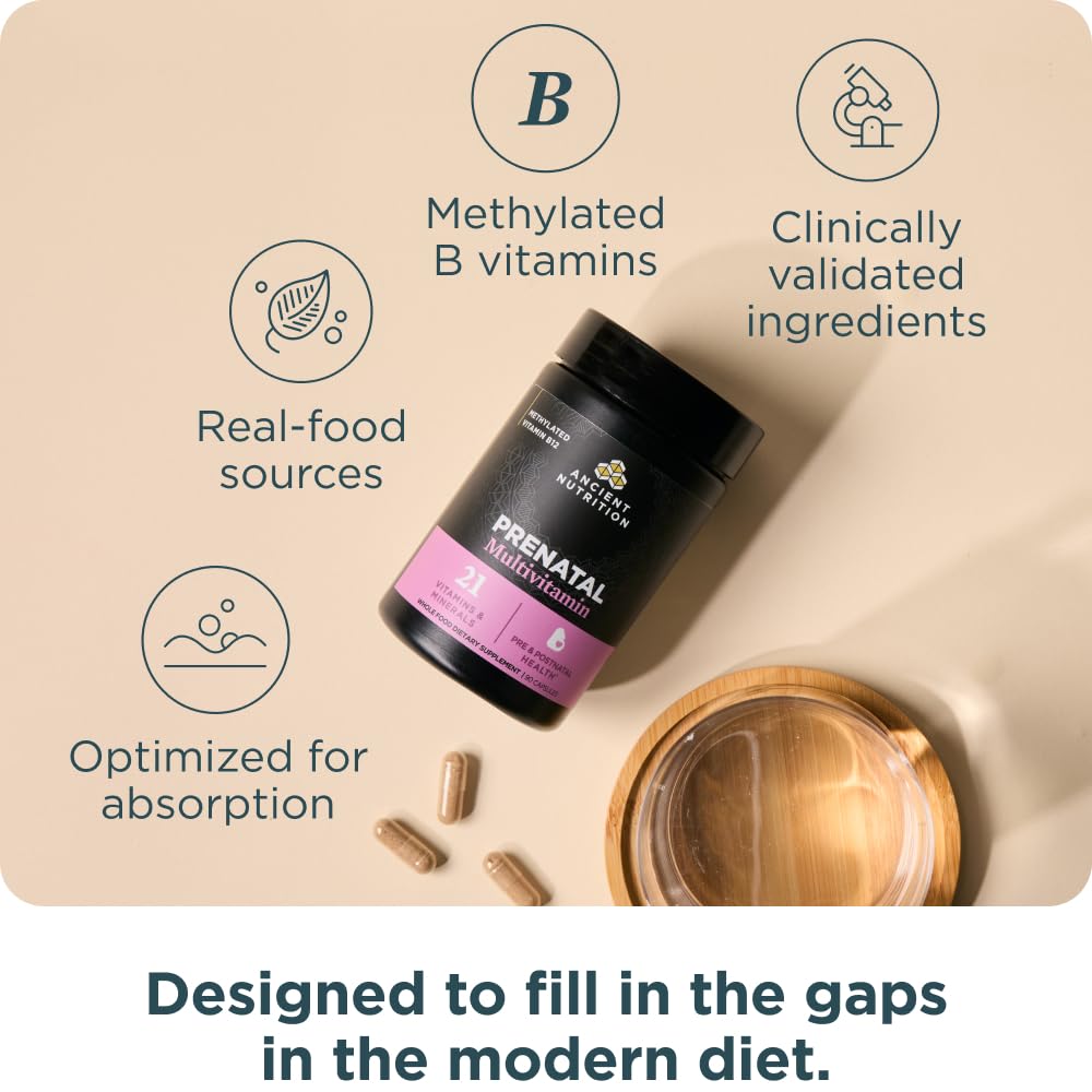 Ancient Nutrition Prenatal Vitamins, Multivitamin for Women with Methylated Vitamin C, B12, Magnesium and Folate, Supports Pregnancy and Fertility Health, 90 Ct