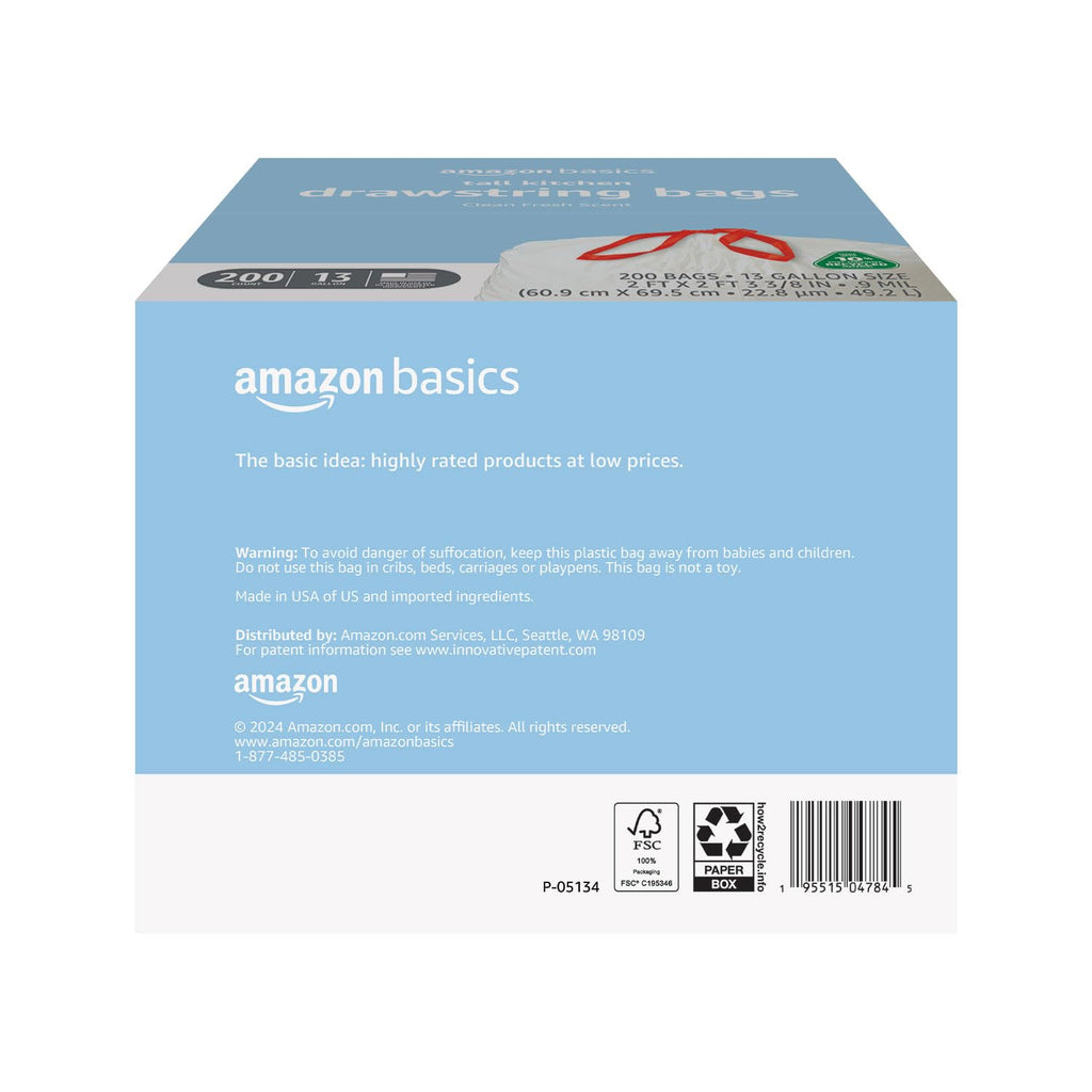 Amazon Basics 13 Gallon Tall Kitchen Drawstring Trash Bags, Clean Fresh Scent, 10% Post Consumer Recycled, 0.9 mil Thick, 200 Count