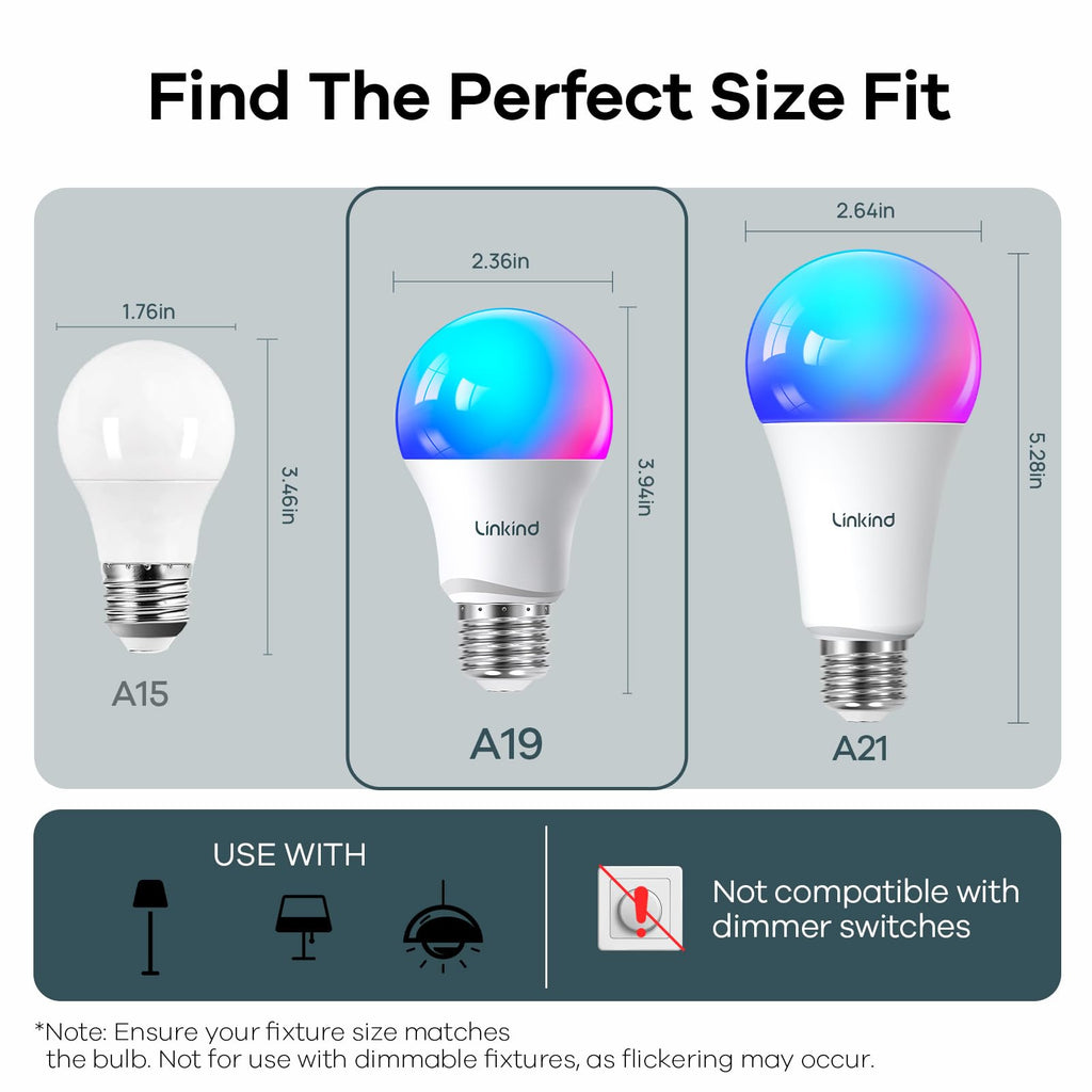 Linkind Matter Smart Light Bulb, WiFi Smart Bulbs, Work with Apple Home, Siri, Alexa, Google, SmartThings, AiDot, RGBTW Color Changing Bulbs Mood Lighting, Music Sync, A19 E26 60W, 2.4Ghz WiFi 6 Pack