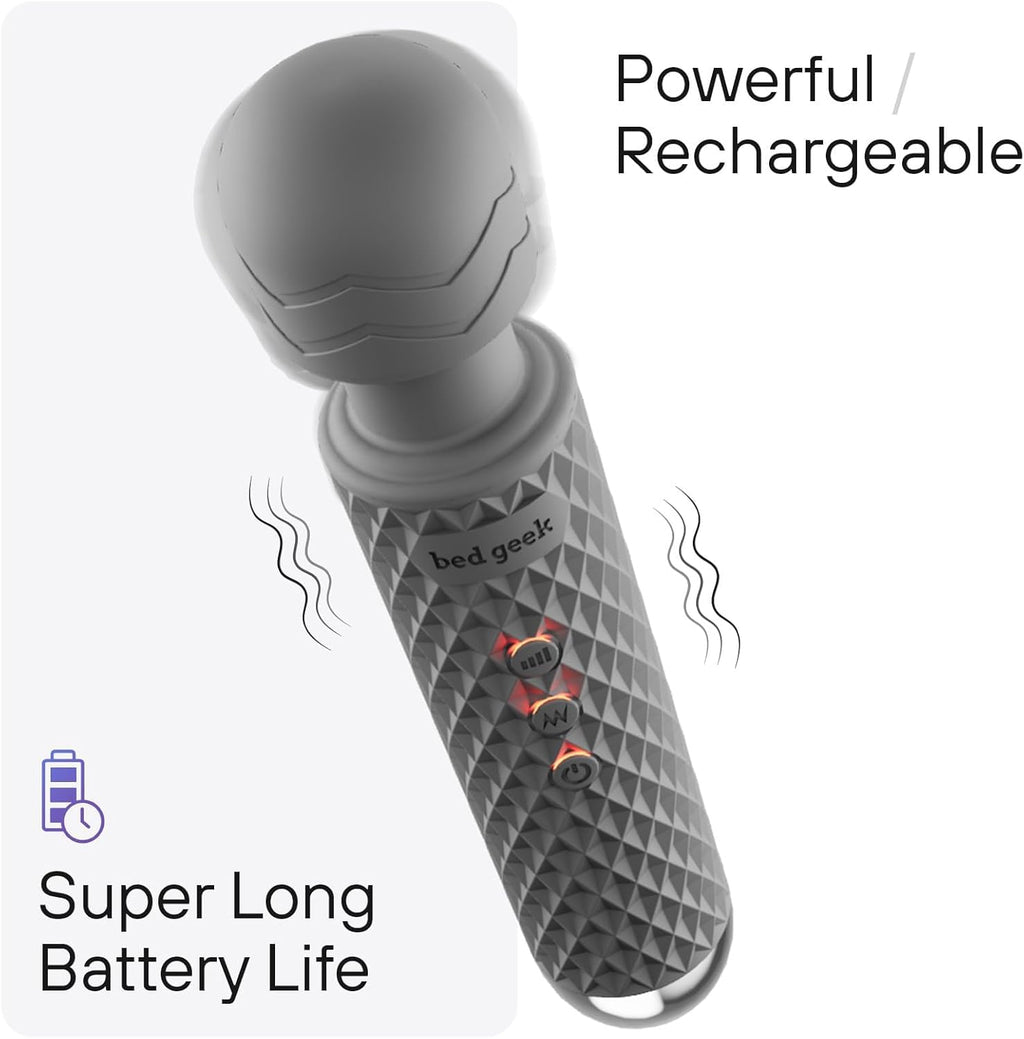 bed geek Handheld Cordless Personal Wand Massager – Waterproof, USB Rechargeable, 20 Vibration Patterns, 8 Speeds, Memory Feature, Skin-Soft Silicone for Ultimate Relaxation Tool