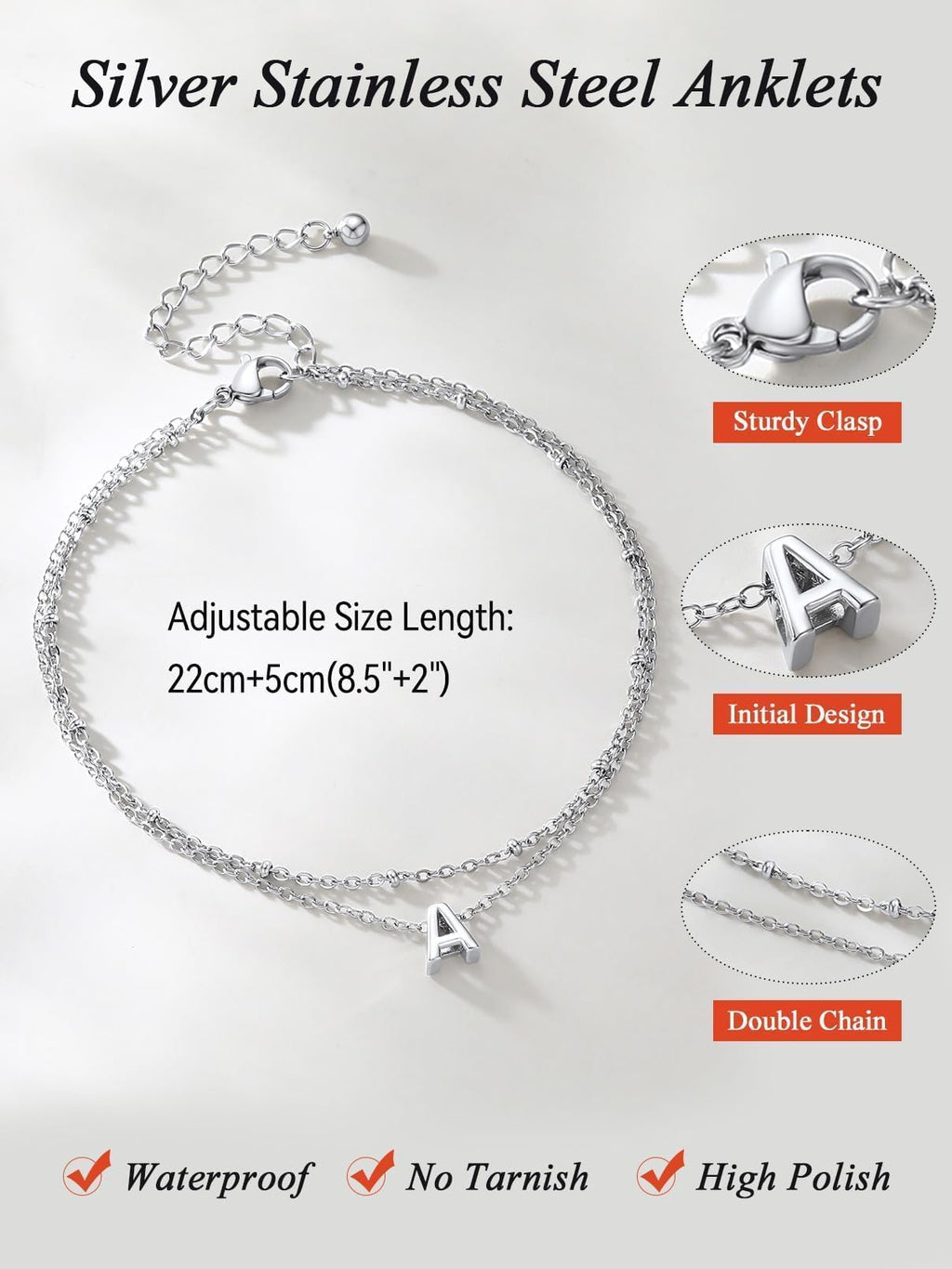 FaithHeart Silver Anklets for Women Waterproof, Dainty Layered Initial Ankle Bracelets Letter A-Z Waterproof Fashion Jewelry Gifts for Women, Length 8.5"+2"