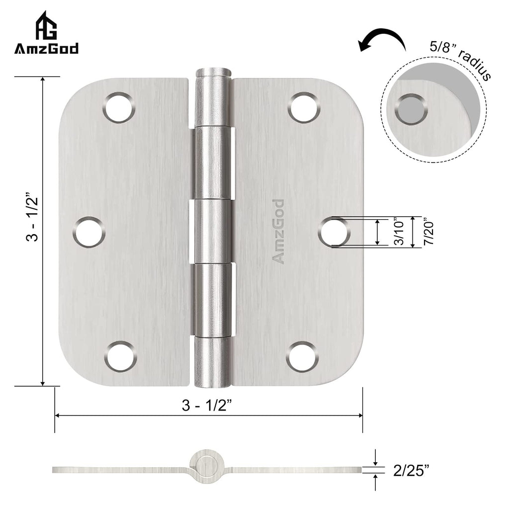 AmzGod Door Hinges Brushed Nickel - 42 Pack Nickel Door Hinges 3.5 Inch Rounded Interior Satin Nickel Door Hinge with 5/8" Radius - Flat Iron Residential Standard 3 1/2 Inches Silver Door Hardware