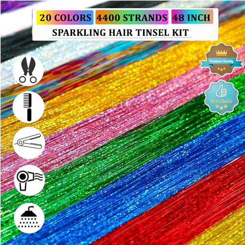 Hair Tinsel Kit (20 Colors, 4400 Strands, 48 Inches) Sparking Tinsel Hair Extensions Kit with Tools, Fairy Hair Tinsel Kit Heat Resistant Highlights Glitter Hair Extensions Hair Tensile Kit