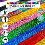 Hair Tinsel Kit (20 Colors, 4400 Strands, 48 Inches) Sparking Tinsel Hair Extensions Kit with Tools, Fairy Hair Tinsel Kit Heat Resistant Highlights Glitter Hair Extensions Hair Tensile Kit